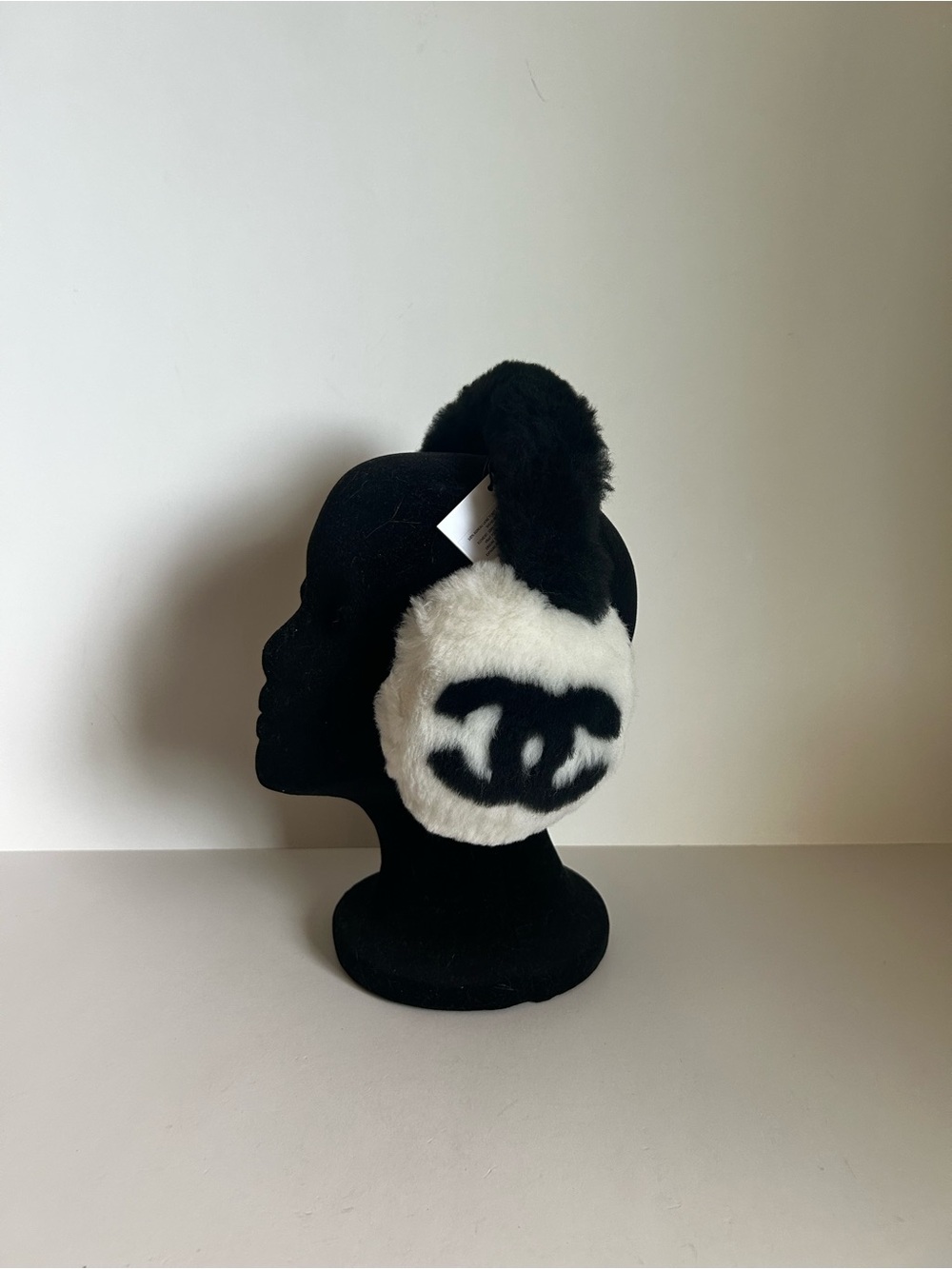 Chanel Black and White Shearling EarMuffs with Logo Detail